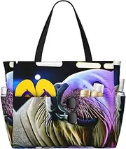 [Ghjkfbf] Walrus Print Large Capacity Beach Travel Bag For Family, Beach Tote Bag For Women With Zipper Pockets, Black, One Size