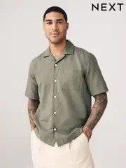 Dark Green Cuban Collar Cotton Linen Blend Short Sleeve Shirt (AA1156) | $51