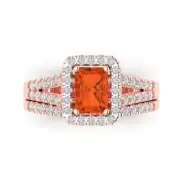 1.60ct Emerald Round Cut Halo Red Stone Ring bridal Set 14k Rose solid Gold