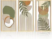 IARTTOP Green Boho Wall Art Set Of 3 Large Geometric Wood Wall Art Mid Century Modern Artwork Neutral Abstract Bohemian Wall Decor for Living Room Bedroom Office-16 x 32 Inch