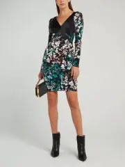 NWT roberto cavalli Black Leaf Print Knitted V-Neck Dress Mini Spring 42 US 6