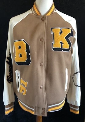 Retro Letterman Varsity Baseball Jacket Brooklyn Brown Yellow White Sz Med New
