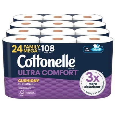 Ultra Comfort Toilet Paper with Cushiony Cleaning Ripples Texture 4 Packs of 6