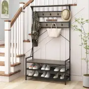 Costway4-In-1 Coat Rack with 11 Hanging Hooks and Shoe Bench-Grey