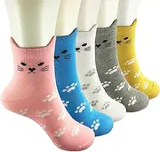 [Fuzzy Cactus] Cute Cat Ear Ankle Socks Pack of 5 - Five Colours, Multicolour, 2-7