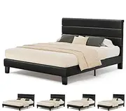 ALFORDSON Bed Frame Base Queen Size with Headboard and Slats, Harlene Series, Mattress Platform Foundation for Mattresses Toppers, PU Leather Upholstery, Black
