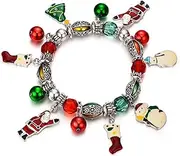 [RareLove] Cute Christmas Santa Claus Charm Beaded Bracelet Stretch Strand Elastic Xmas Tree Stcoking Snowman Bell Rings Red Green Beads for Women Girls
