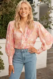 Women's Party Davies Shirt Full Length Sleeve in Pink Floral With White Lace Trim 10