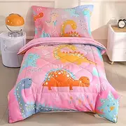 Wowelife Dinosaur Toddler Bedding Set for Girls, Premium 4 Piece Dinosaur Toddler Comforter Bed Set Pink, Cartoon Animal All Season with Comforter, Flat Sheet, Fitted Sheet and Pillowcase, Pink