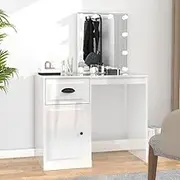 Dressing Table with LED Lights, Engineered Wood High Gloss White, 90x50x132.5cm Vanity Desk, Ample Storage, USB Led Mirror, Asymmetric Design