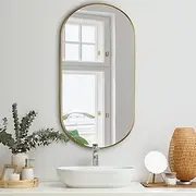 [OIKITURE] Oval Wall Mirror 84 x 50cm Make Up Mirror for Home Bedroom Living Room Gold