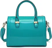 [Dasein] Shiny Patent Faux Leather Mini Barrel Body Satchel Handbag Shoulder Bag, Small, Blue-new