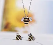 Project Honey Bees - Adopt A Bee Necklace, S925 Sterling Silver Yellow Bees Earrings And Necklace Set