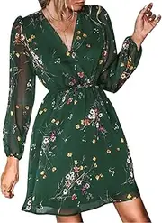 [IWEMEK] Women's Floral Print Chiffon A-Line Mini Dress Long Peasant Sleeves Spring Wedding Guest Dress Fit Tea Party Cocktail Dress