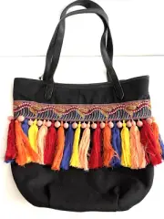 NEW Circus By Sam Edelman Clyde Black Zip Tote Bag With Multicolor Tassels
