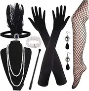 [Wedhapy] 7 Pieces 1920s Flapper Great Accessories Set Fashion Roaring 20's Theme Set with Headband Headpiece Long Black Gloves Necklace Earrings