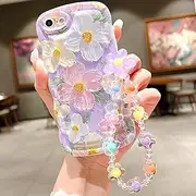 for iPhone SE Case 2022/2020 iPhone 8/7 Curly Wavy Case, Cute Colorful Retro Oil Painting Flower Glossy Pattern [with Bead Chain], Slim Fit Shockproof Protective Cover for Girls Women (Purple)