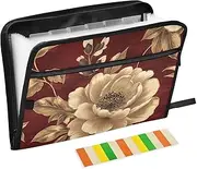 Quteprint 13 Pockets Expanding File Folder with Zipper Closure, Retro Floral Chrysanthemum Accordion File Folder with Sticky Labels, Letter Size A4 Papers Expandable File Document Organizer