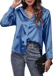 [Generic] Shirt for Women Long Sleeve Button Down Shirt Satin Blouse Tops Shiny Silk Like Shirt Office Work Business Blouse