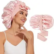 BE BIGEDDIE Large Silk Bonnet for Sleeping, Satin Hair Bonnet for Sleeping with Tie Band, Double Layer Satin Bonnets for Women Natural Curly Hair Shower cap