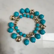 Vintage Bracelet Faux Turquoise & Gold-Tone Round Bead Beaded Elastic 8mm & 12mm