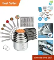 Durable 16-Piece Stainless Steel Measuring Cups with Conversion Chart & Leveler