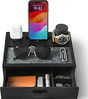 Holme & Hadfield Nightstand Organizer for Men - Wood Phone Docking Station to Charge Your & Earbuds and Organize Watch Accessories Charging with Lined Tray Drawer Mens Black