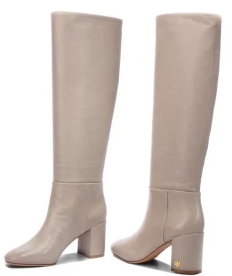 $498 New Tory Burch BROOKE SLOUCHY BOOTS Dust Storm Leather Grey Beige Shoes 9.5