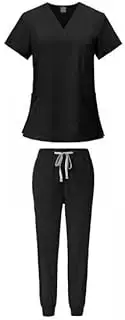 [Vaveren] 2x Nursing Scrub Set Top And Pants with Pockets Soft with Adjustable Drawstring Nurse Workwear Suit for Beauty Salon Pet Groomer, Black, L
