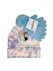 Disney Frozen Girls Beanie Pom Tie-dye Hat & Blue Gloves Set OSFM - NWT