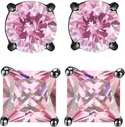 [CVAYU] 2 Pairs Hypoallergenic Mens Black CZ Stud Earrings Stainless Steel Princess Square Cut Cubic Zirconia Earring Studs for Sensitive Ears 6mm