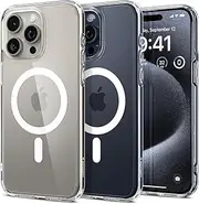 [Spigen] Ultra Hybrid MagFit for iPhone 15 Pro Max Case, Compatible with MagSafe Magnetic Ring, Air Cushion Bumper Technology Hard PC Back Raised Edges Cover - Clear Case/White Ring