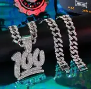 Iced CZ Bling Silver 100 Percent Emoji Pendant 12mm 20" Cuban Chain Necklace