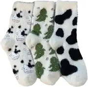 [Alafime] 3 Pairs Women's Y2K Fuzzy Socks Japanese Kawaii Mid-Calf Cow Pattern Plush Socks Fairycore Dinosaur Fluffy Socks