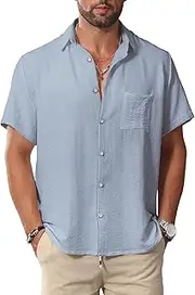 [KYKU] Summer Men Button Shirts - Casual Beach Short Sleeve Clothes - Fashion Lightweight Plain Clothing with Pocket