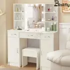 Dressing Table Stool Set Makeup Mirror Storage Cabinet Desk LED 10 Bulbs White