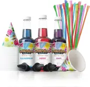 Syrup Assortment with 3 - 16Oz Bottles, 25 Snow Cone Cups, 25 Spoon Straws, and