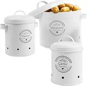 3 Pack Vegetable Tins, Metal Potato Onion Garlic Canister with Lid, Rustproof Vegetable Set, Kitchen Canisters Vegetable Keeper Containers Designed with Aerating Holes for Home (White)