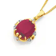 9ct Gold, Created Ruby & Diamond Pendant in Red