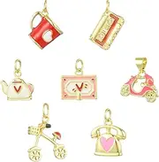 [DanLingJewelry] 7Pcs Vintage Theme Charms Bulk Retro Heart with Coffee Cup Cassette Tape Telephone Brass Enamel Charms for Jewelry Making Crafting