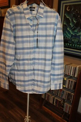 Hugo Boss Button front white blue plaid Shirt Mens NEW $195 (bin119)