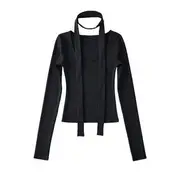 Set: Long-Sleeve Scoop Neck Plain Top + Thin Scarf Black - S