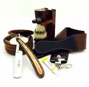 WOODEN 7 PC STRAIGHT RAZOR STROP, BOWL, BRUSH, STAND SHAVING SET IN GIFT BOX USA
