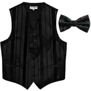 New formal men's tuxedo vest waistcoat & bowtie vertical stripes Black wedding