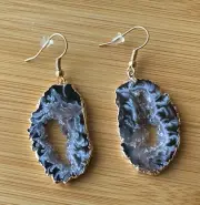 AGATE Slice GEODE DRUZY DANGLE EARRINGS Handmade Black Irregular Round Shape