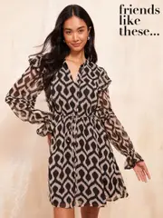 Friends Like These Black/White Petite Long Sleeve Chiffon Frill Mini Dress (AD8116) | $42