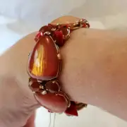 Vintage Monet Stretch Bracelet Women Red Pink Lucite Cabochon Gold Tone Accents