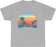 [Generic] Sunset Beach Palms Summer Vibes Retro Tropical Summer T-Shirt for Adults Crew Neck Short Sleeve Tee Shirt