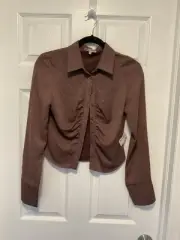 NWT Bailey Rose Rosey Brown Button Front Ruched Collared Blouse Size Small