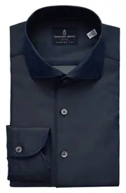 Emanuel Berg Modern Fit Premium Twill Dress Shirt in Navy at Nordstrom, Size Small